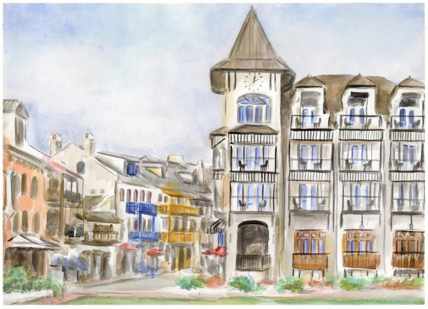 Rosemary Beach Art Print 30A Art Watercolor Painting of Main Street Rosemary Beach Pearl Hotel Rosemary Beach Watercolor 30A Western Green