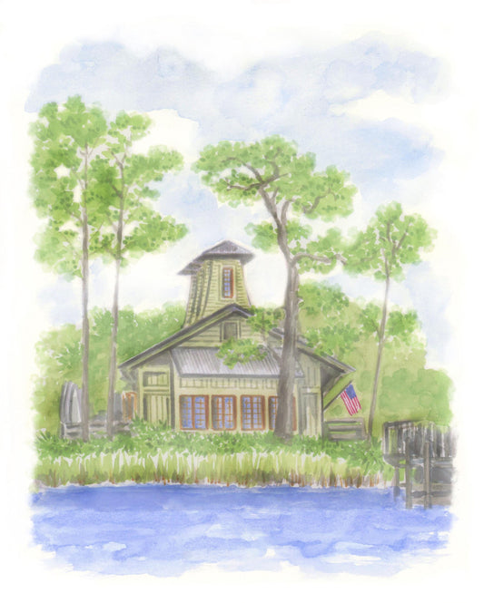Watercolor Boathouse Art Print: 30A Florida Coastal Decor