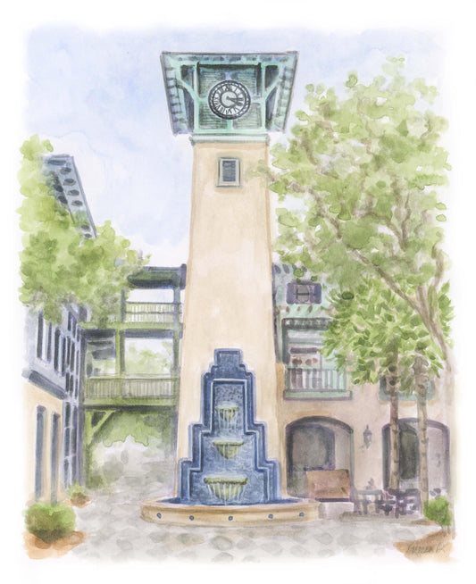 Watercolor Florida Clock Tower Art: 30A Coastal Painting
