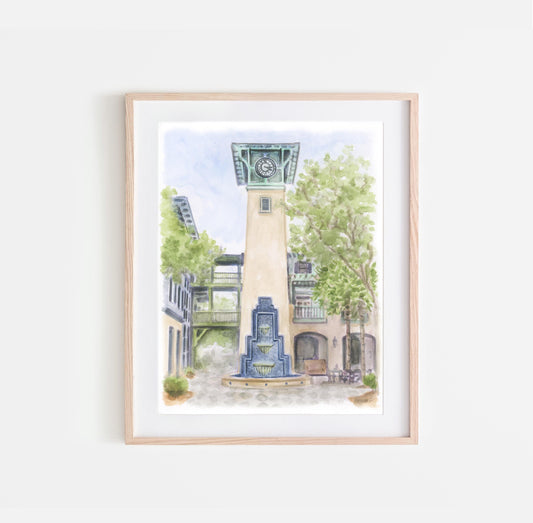 Watercolor Florida Clock Tower Art: 30A Coastal Painting