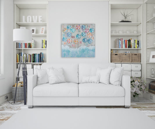 Beach Umbrella Painting Canvas Giclee Art Hand Embellished Giclee Beach Artwork on Canvas Beach House Painting Coastal Art Canvas Print Art