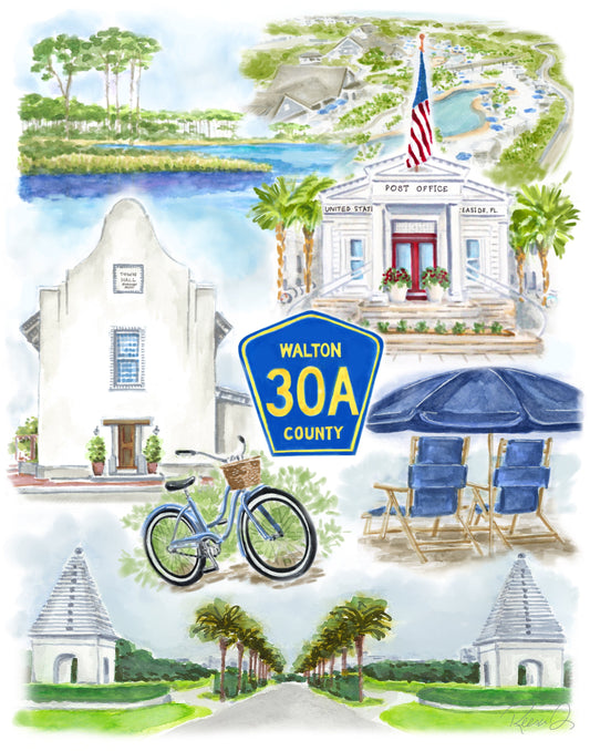 30A Watercolor Art Print: Rosemary Beach, Seaside , Watersound, Alys, Western Lake