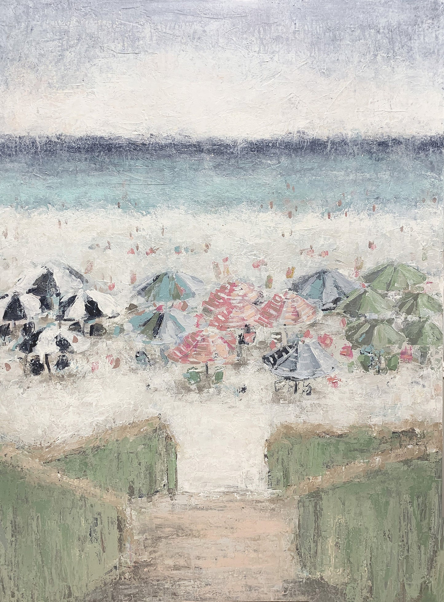 Artistic depiction of a beach scene with umbrellas and people, stylized to appear textured.